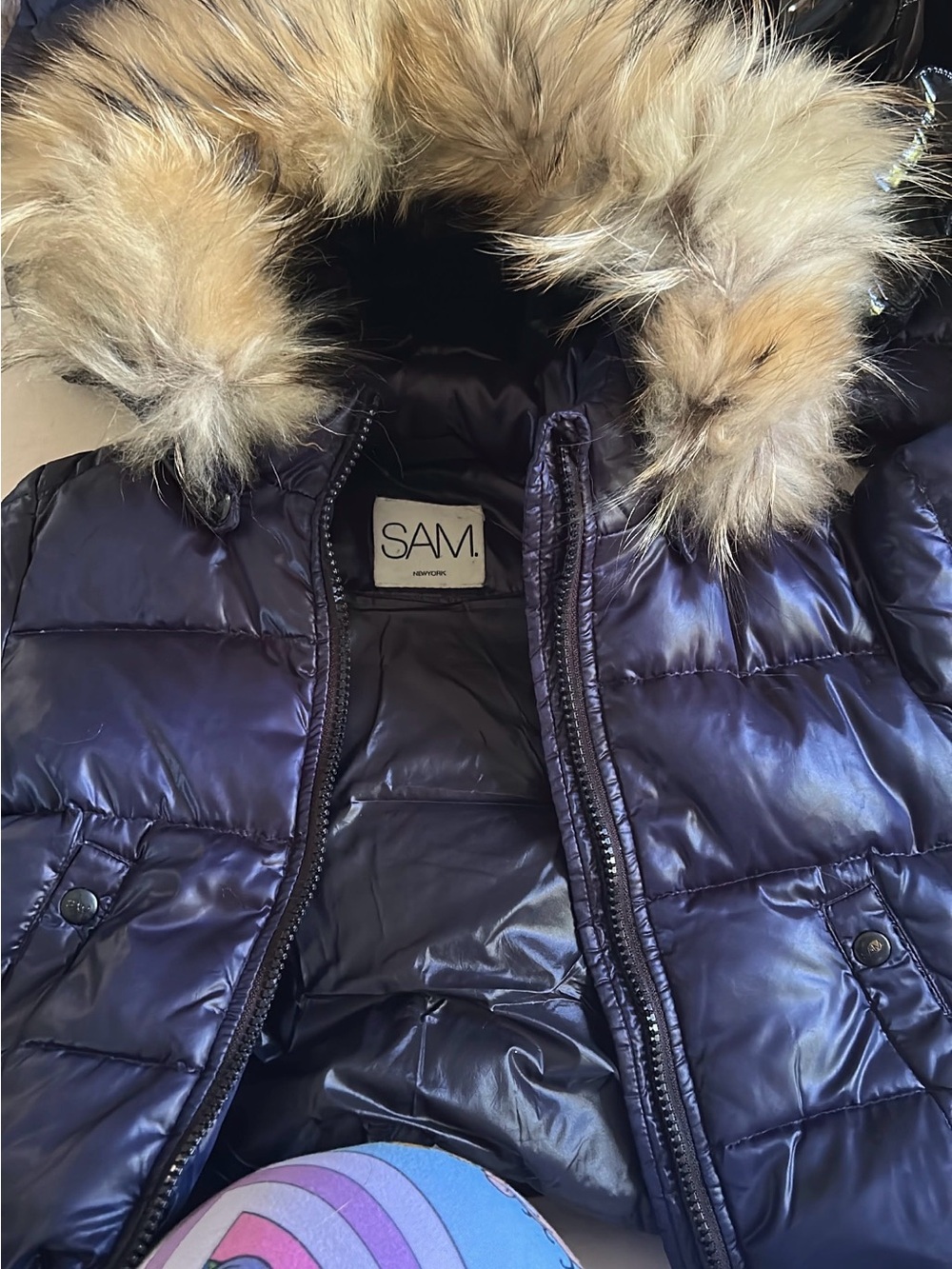 SAM. Girls Shiny Navy Puffer Jacket with Faux Fur Trim